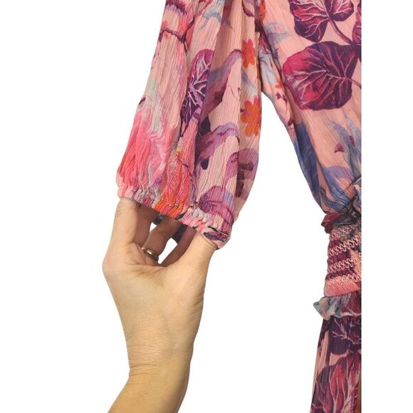 Rococo Sand Zazu One Shoulder Short Dress Smocked Waist Pink Purple Tropical XS - Picture 11 of 16